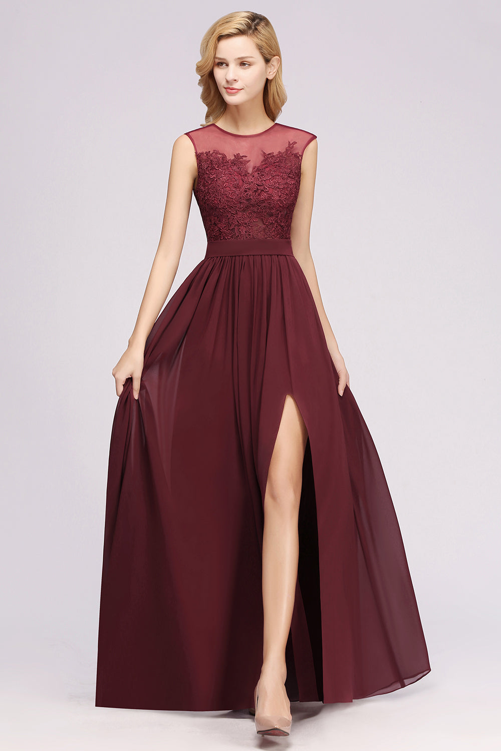 A-line Chiffon Lace Jewel Sleeveless Floor Length Bridesmaid Dresses with Appliques