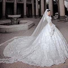Long A-line Tulle Beads Appliques Wedding Dress with Sleeves