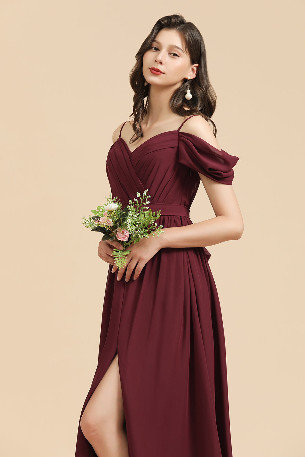 Long A-line Off the Shoulder Chiffon Bridesmaid Dress with Slit Burgundy Evening Maxi Dress