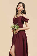 Long A-line Off the Shoulder Chiffon Bridesmaid Dress with Slit Burgundy Evening Maxi Dress