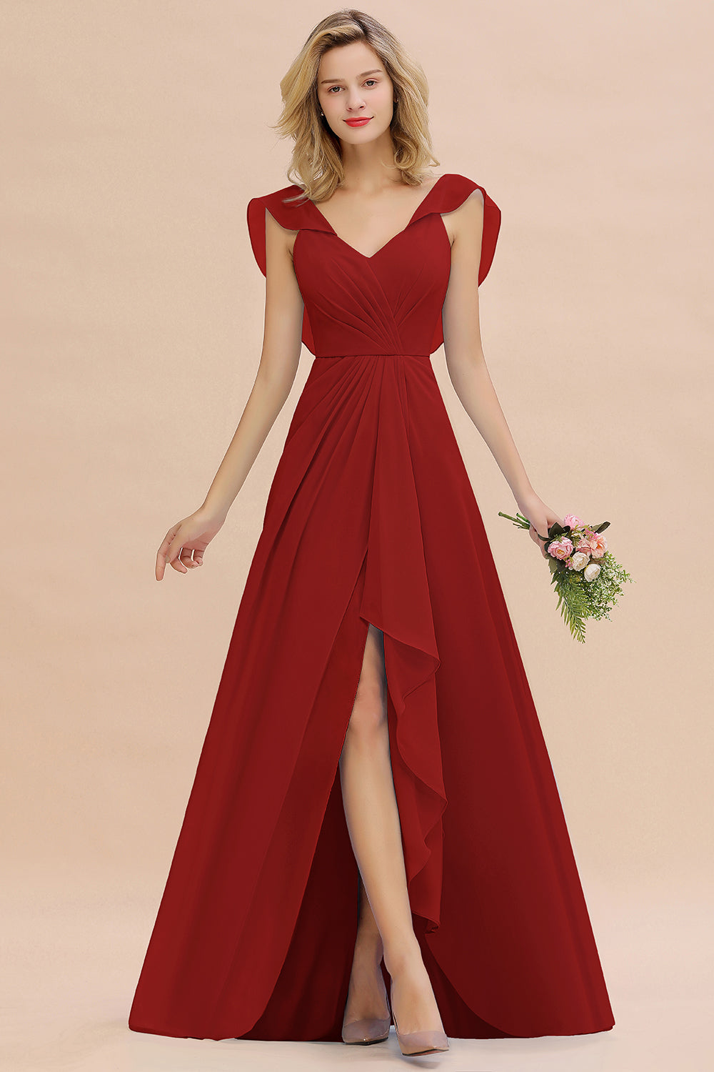 Simple High Low A-line V-Neck Ruffles Chiffon Bridesmaid Dress