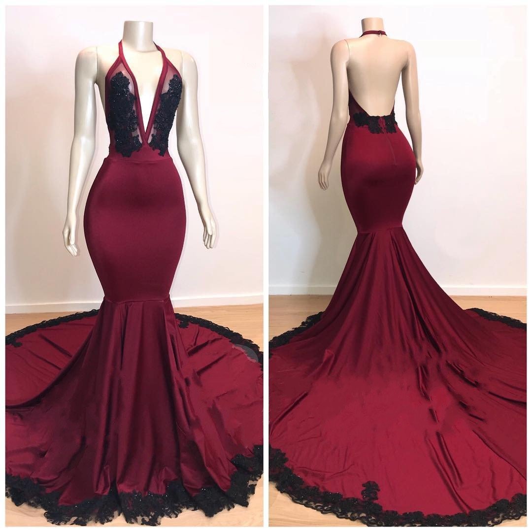 Burgundy V-neck Halter Appliques Long Mermaid Prom Dresses