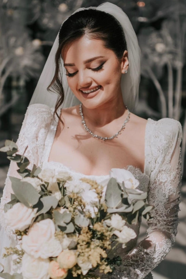 Square Neckline A-line Lace Long Sleeves Floor Length Wedding Dress