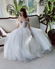Charming Long A-line Off the Shoulder Tulle Wedding Dress with Glitter
