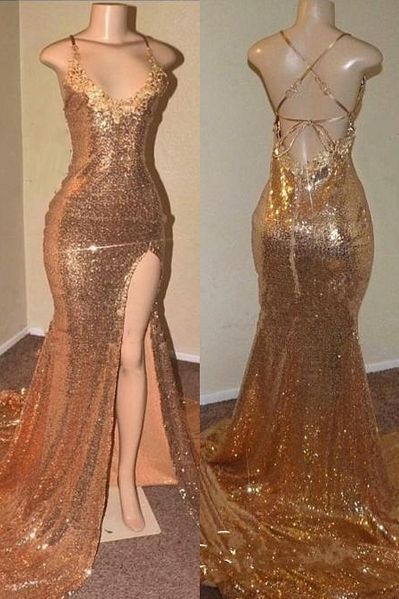 Sequins Sleeveless Front Slit Floor Length Mermaid Long Prom Dresses