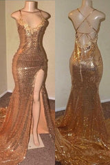 Sequins Sleeveless Front Slit Floor Length Mermaid Long Prom Dresses
