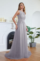 A-line Long Sleeveless Scoop Neck Tulle Lace Appliques Formal Evening Dress