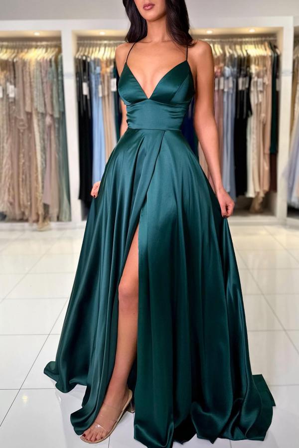 Simple Long A-line V-neck Backless Satin Prom Dresses with Slit