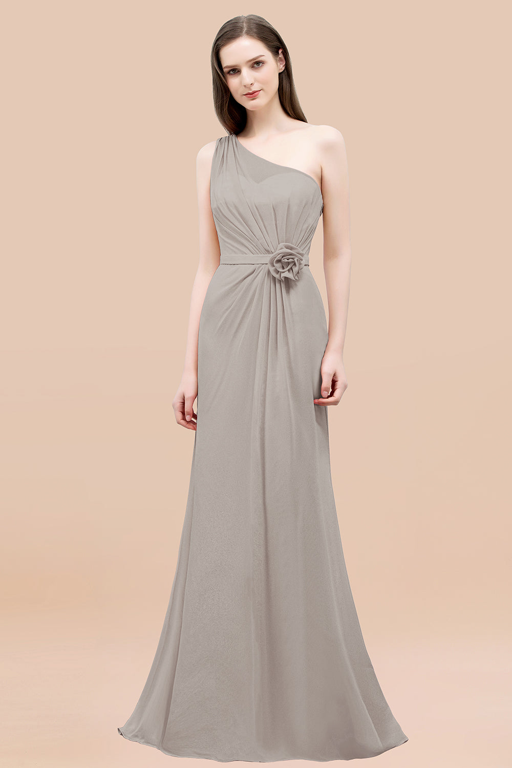 Mermaid Chiffon One Shoulder Sleeveless Ruffled Floor Length Bridesmaid Dresses with Flower