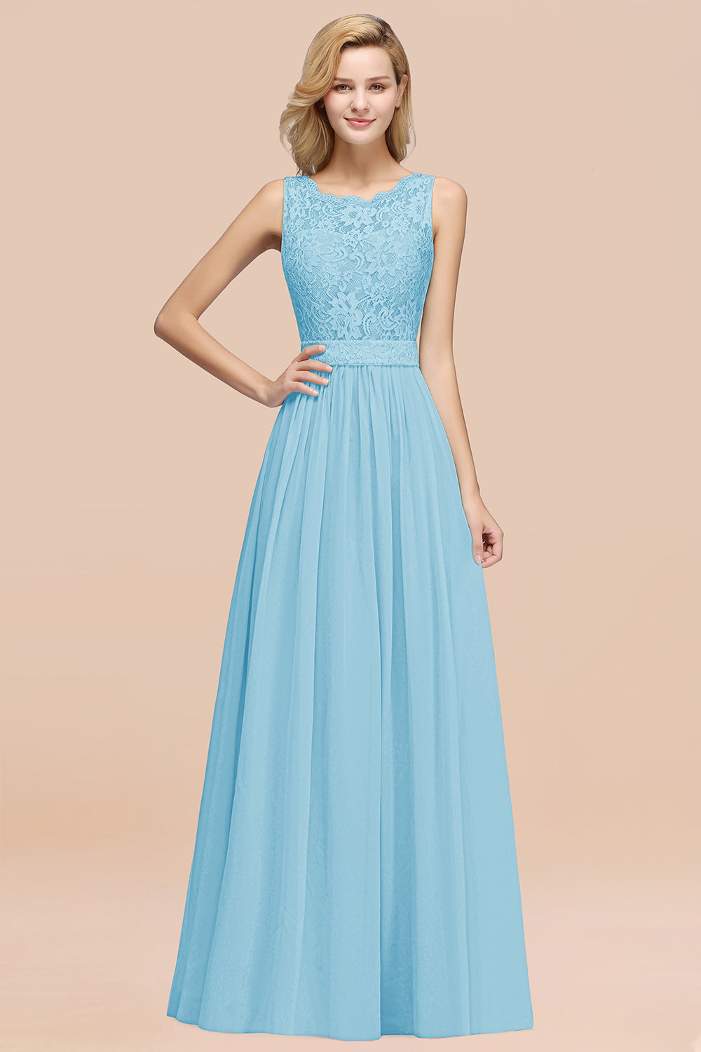 Chiffon A-Line Lace Scalloped Sleeveless Long Ruffles Bridesmaid Dress
