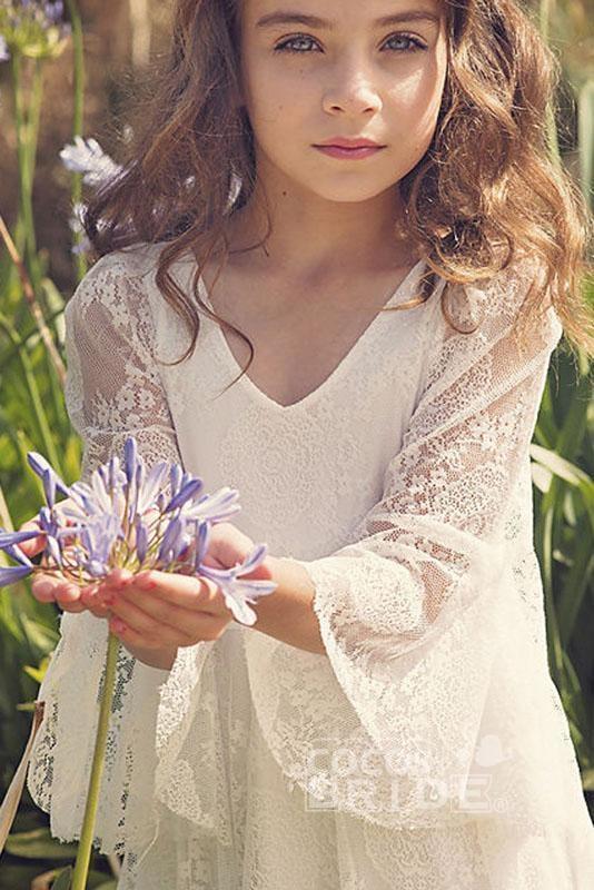 White A-line Scoop Neck Long Sleeves Dress Flower Girl Dress