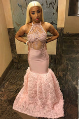 Long Mermaid Halter Flower Satin Open Back Prom Dress