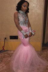 Long High Neck Appliques Lace Mermaid Prom Dress