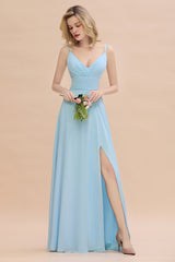 Vintage Spaghetti Straps V-neck A-line Chiffon Floor Length Bridesmaid Dress With Split