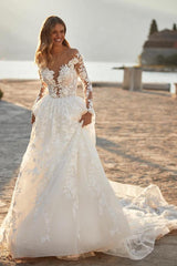 Elegant Long A-line V-neck Tulle Floral Lace Backless Wedding Dresses with Sleeves