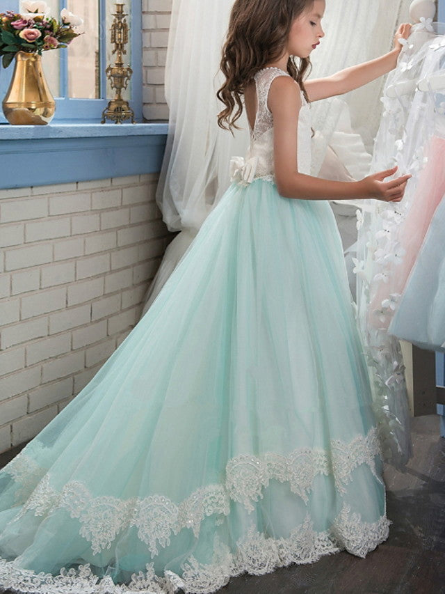 Long A-line Jewel Neck Floor Length Tulle Lace Party Flower Girl Dresses with Appliques Lace
