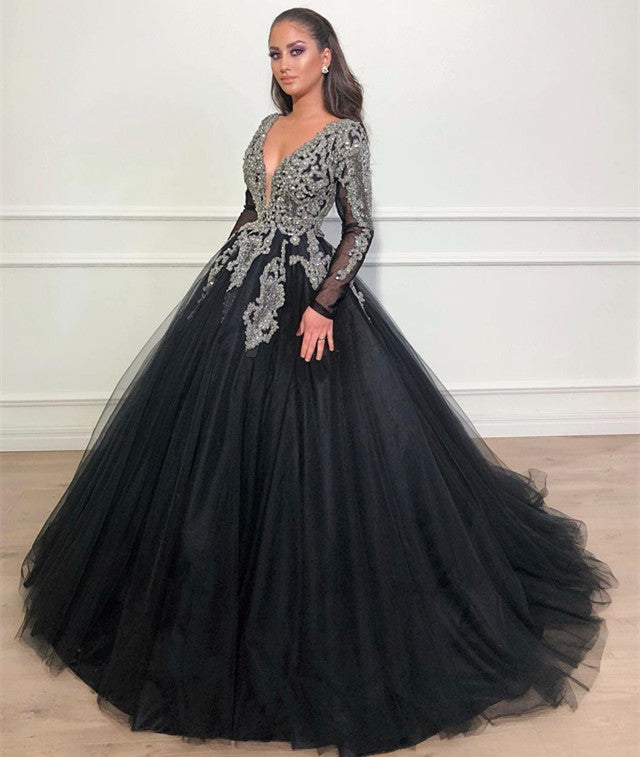 Long Ball Gown V-neck Tulle Appliques Lace Black Prom Dress with Sleeves