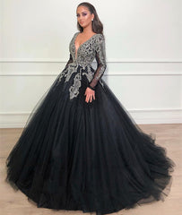 Long Ball Gown V-neck Tulle Appliques Lace Black Prom Dress with Sleeves