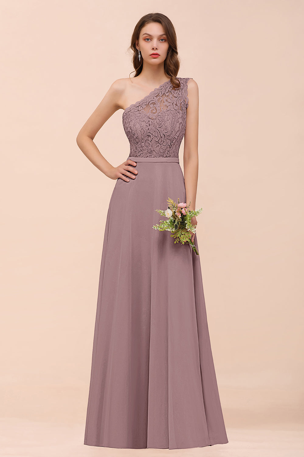 Classy One Shoulder Appliques Lace Floor Length A-Line Chiffon Bridesmaid Dress
