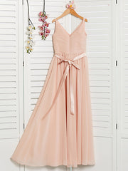 A-Line V Neck Chiffon Long Junior Bridesmaid Dress
