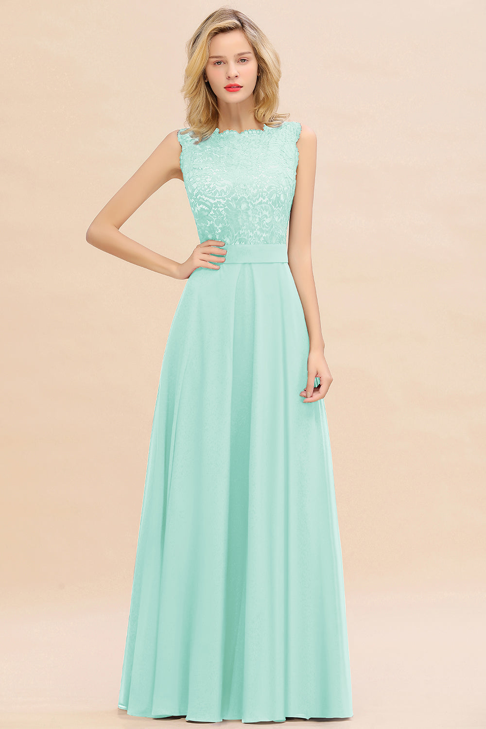 Long A-line Chiffon Lace Sleeveless Bridesmaid Dresses
