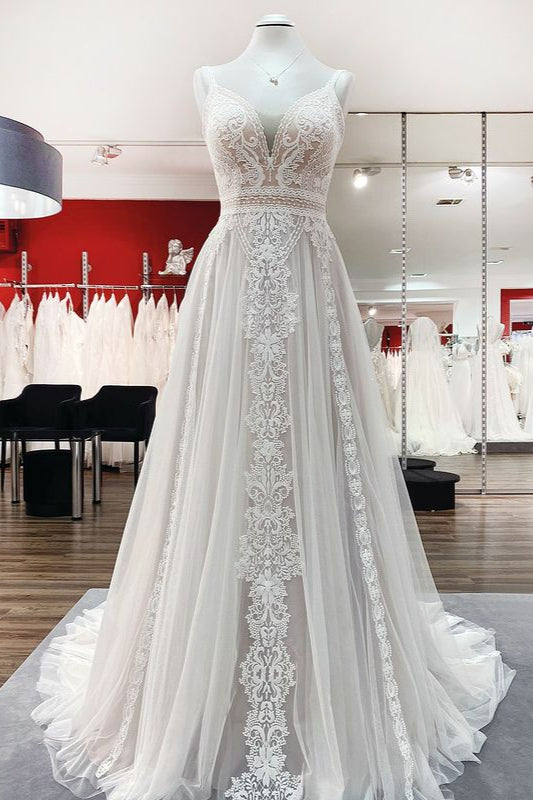 Long A-line Tulle Lace Ruffles Open Back Wedding Dresses