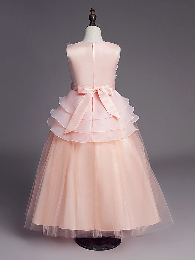 White Long A-line Tull Lace Sleeveless Jewel Neck Flower Girl Dresses