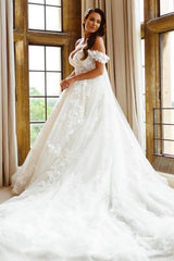 White Long A-line Off the Shoulder Lace Tulle Wedding Dress with Chapel Train