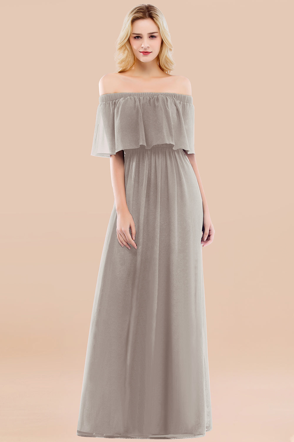 A-line Chiffon Off the Shoulder Short Sleeves Ruffles Floor Length Bridesmaid Dress