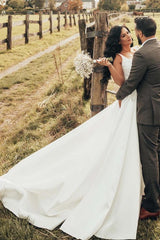 Simple White Long A-line V-neck Satin Wedding Dress with Slit
