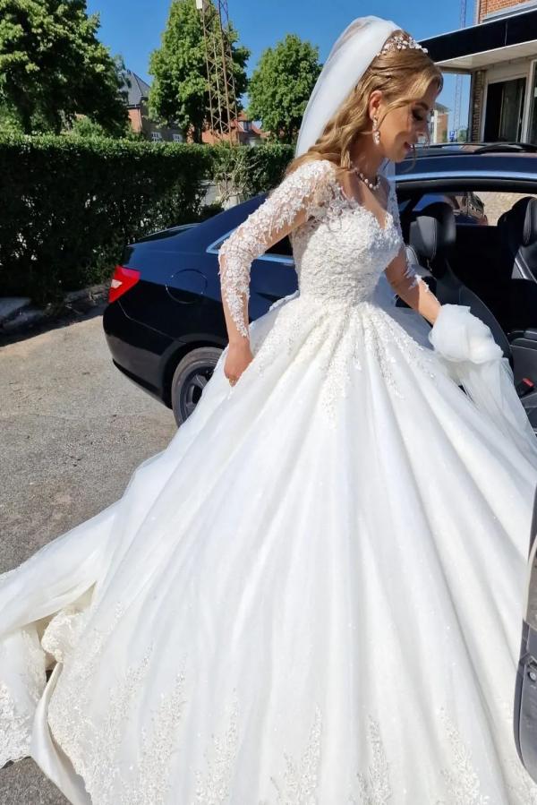 Gorgeous White Long A-line V-neck Lace Wedding Dress with Long Sleeves