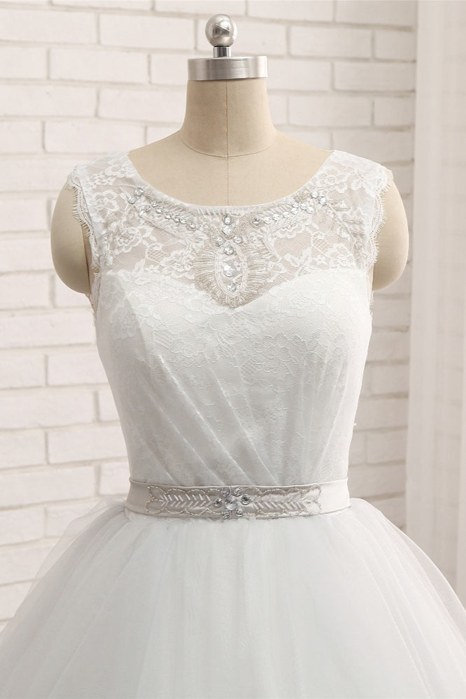 Elegant White Long A-line Jewel Tulle Lace Wedding Dress