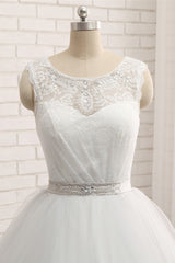 Elegant White Long A-line Jewel Tulle Lace Wedding Dress