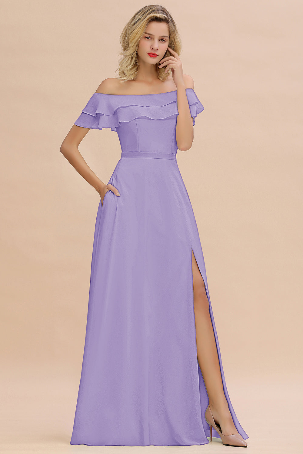 Off the Shoulder Front Slit Mint Green Long Bridesmaid Dress