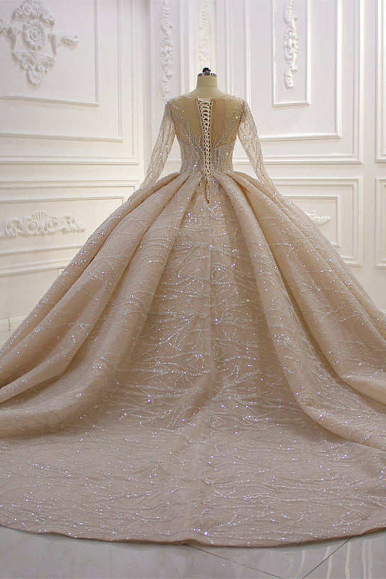 Gorgeous Bateau Long Sleeve Ruffles Floor Length Ball Gown Wedding Dress