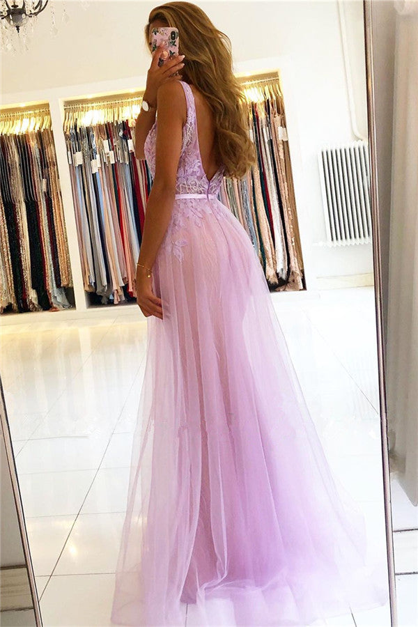 Long Straps A-line Lace V-neck Prom Dress