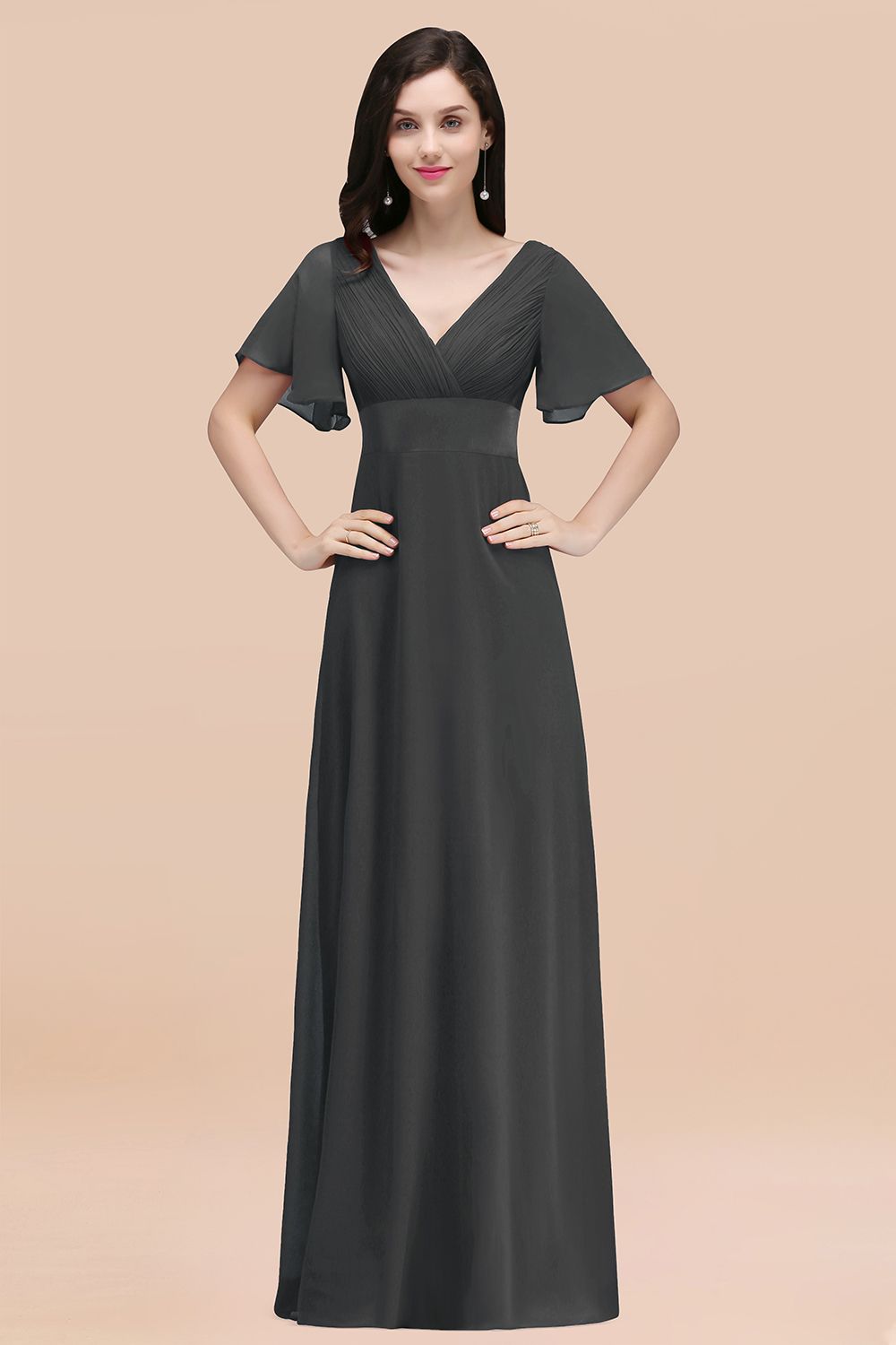 Simple A-Line Chiffon V-Neck Short Sleeves Ruffles Floor Length Bridesmaid Dresses