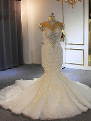 Luxury Long High Neck Beading Lace-Up Mermaid Wedding Dresses