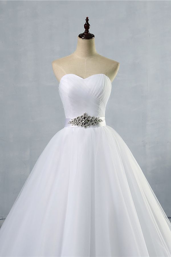 Simple Long Ruffle Strapless Tulle A-line Wedding Dress