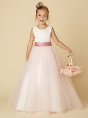 Long A-line Tulle Sleeveless Jewel Neck Flower Girl Dresses with Appliques Lace