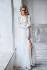 Long A-line Lace Chiffon Two Piece Wedding Dress with Sleeves