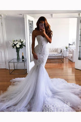 White Long Mermaid Sweetheart Sweep Train Tulle Lace Appliqued Wedding Dress