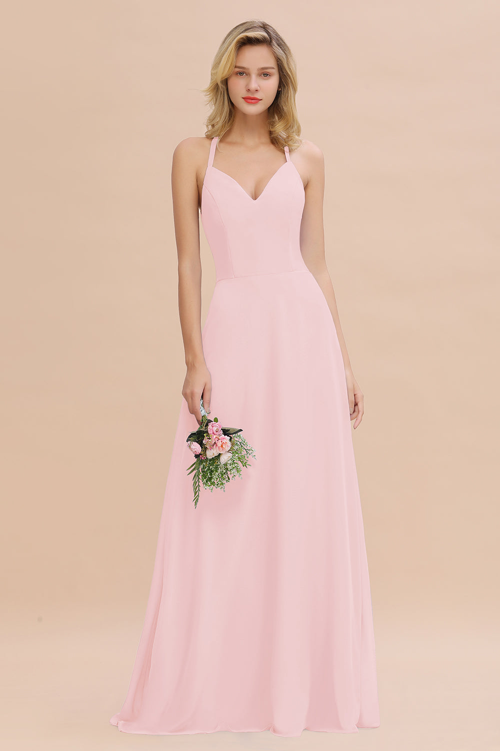 Stylish Chiffon Spaghetti Straps Sleeveless Long Bridesmaid Dress