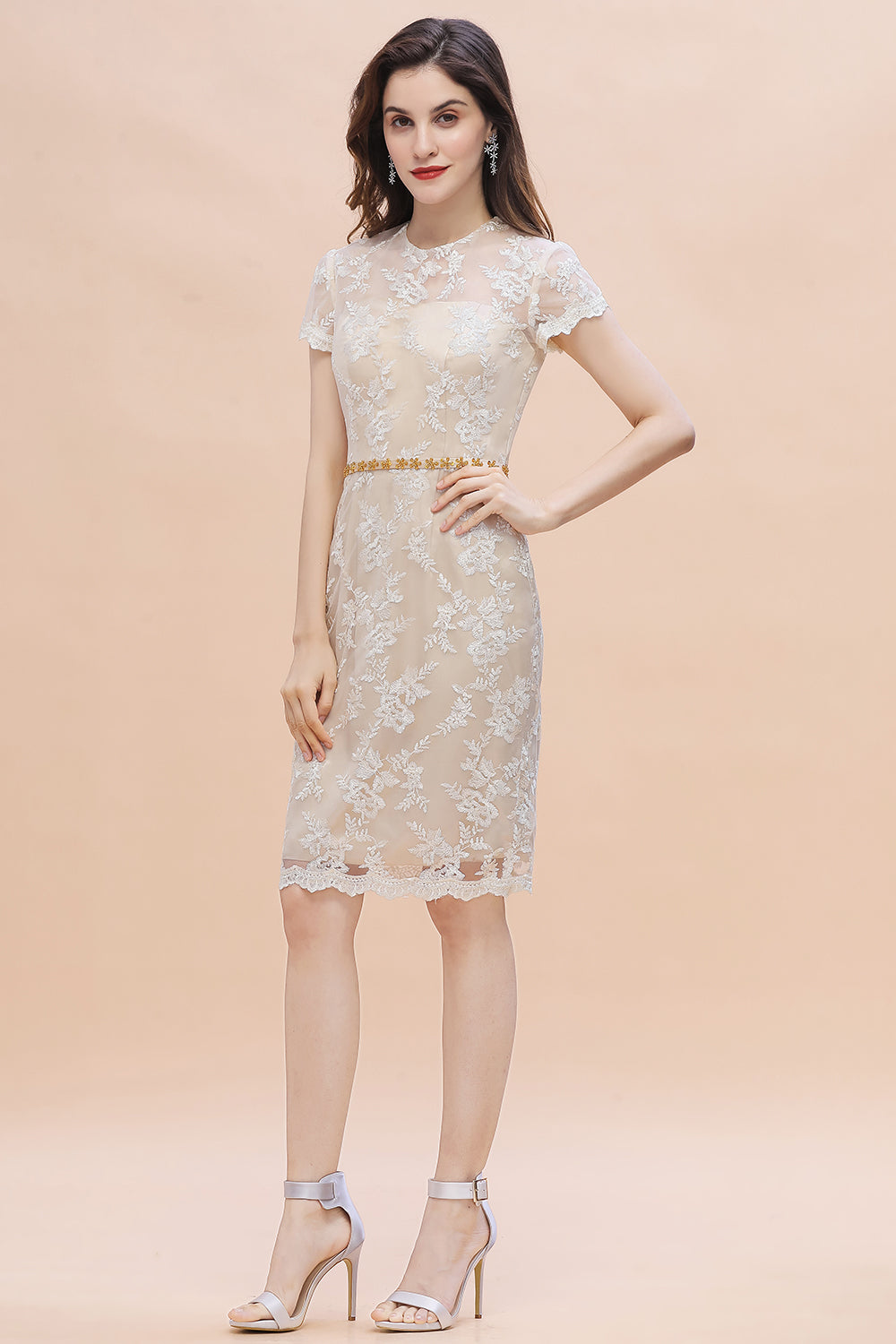 Tulle Lace Beads Belt Short Sleeves Mother of Bride Dress