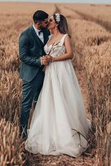 Long A Line Open Back Spaghetti Straps Sweetheart Tulle Floor Length Wedding Dress