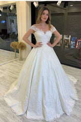 Classy Long A-Line Off the Shoulder Appliques Lace Backless Train Wedding Dress