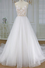Long Applique Lace Spaghetti Strap A-line Tulle Wedding Dress