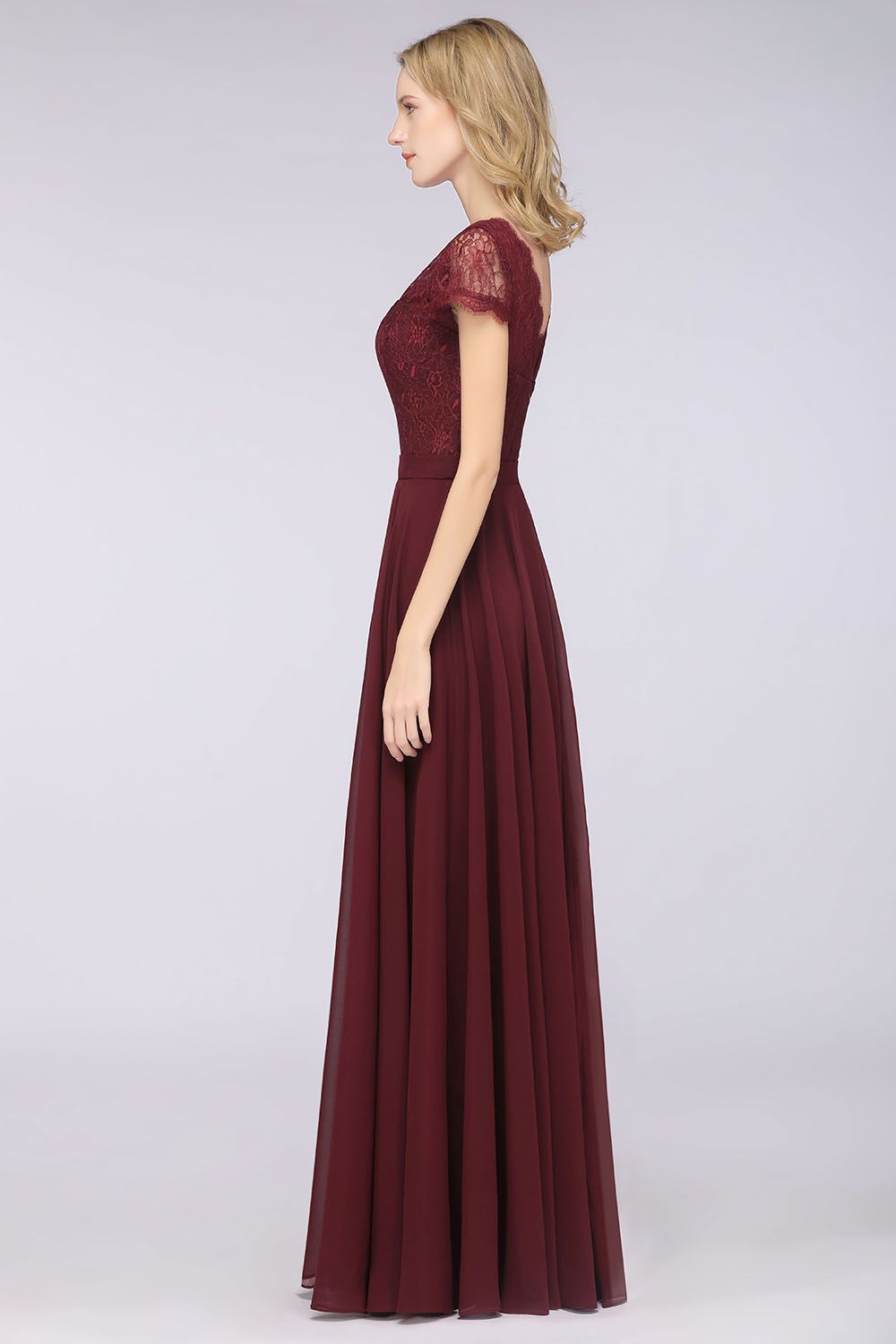 A-Line Chiffon Lace V-Neck Cap-Sleeves Floor Length Bridesmaid Dress
