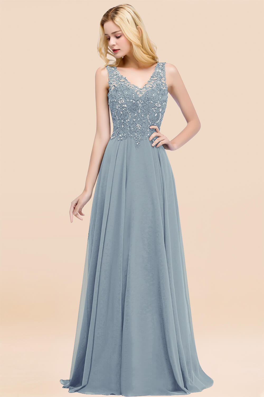 A-line Chiffon Appliques V-neck Sleeveless Floor Length Bridesmaid Dresses with Crystals