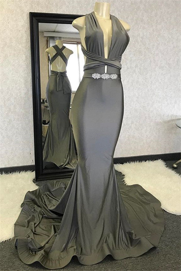 Modest Long Halter Mermaid Open Back Prom Dress